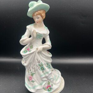 Vintage 1950s Porcelain Victorian Lady in Flowered Dress Music Box